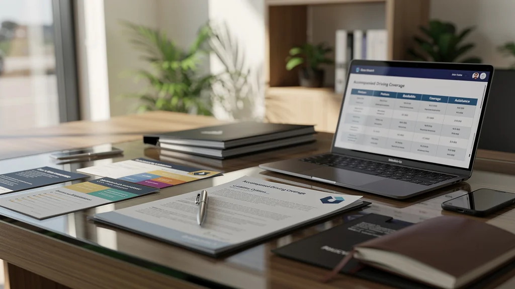 Choisir assurance conduite accompagnée : documents, laptop et ambiance bureau moderne détaillés