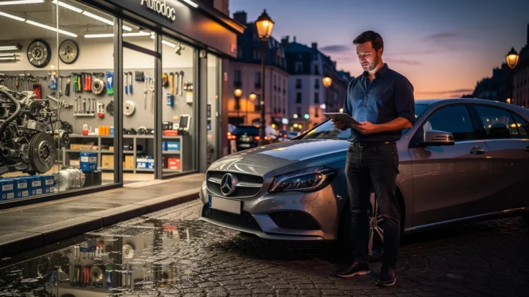 Image hyperréaliste de la scène urbaine Autodoc France avec un homme expert en formation permis