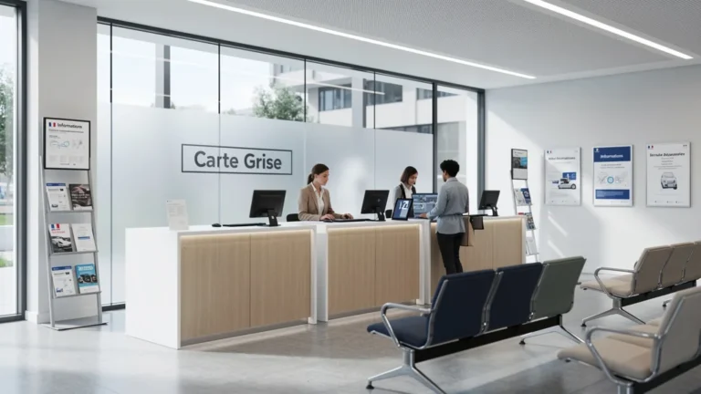 Intérieur moderne d’un bureau carte grise français lumineux et organisé pour démarches administratives