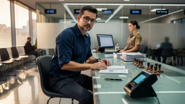 Homme de 36 ans au guichet des titres sécurisés, ambiance bureau administratif moderne et réaliste