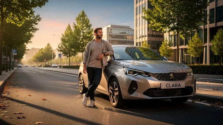 Homme de 36 ans près d'une voiture Clara automobile moderne en ville au coucher du soleil
