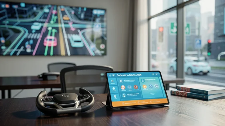 Salle de formation moderne pour le code de la route 2026 avec tablette et simulateur de conduite