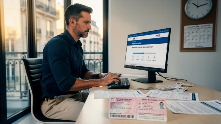Homme concentré sur la conversion d’un permis étranger en France, bureau administratif moderne en lumière naturelle