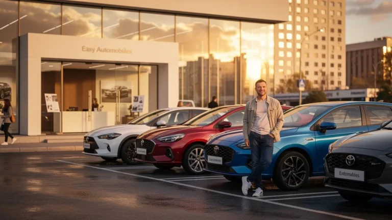 Homme de 36 ans devant concession Easy Automobiles moderne, ambiance lumineuse et véhicules colorés de qualité