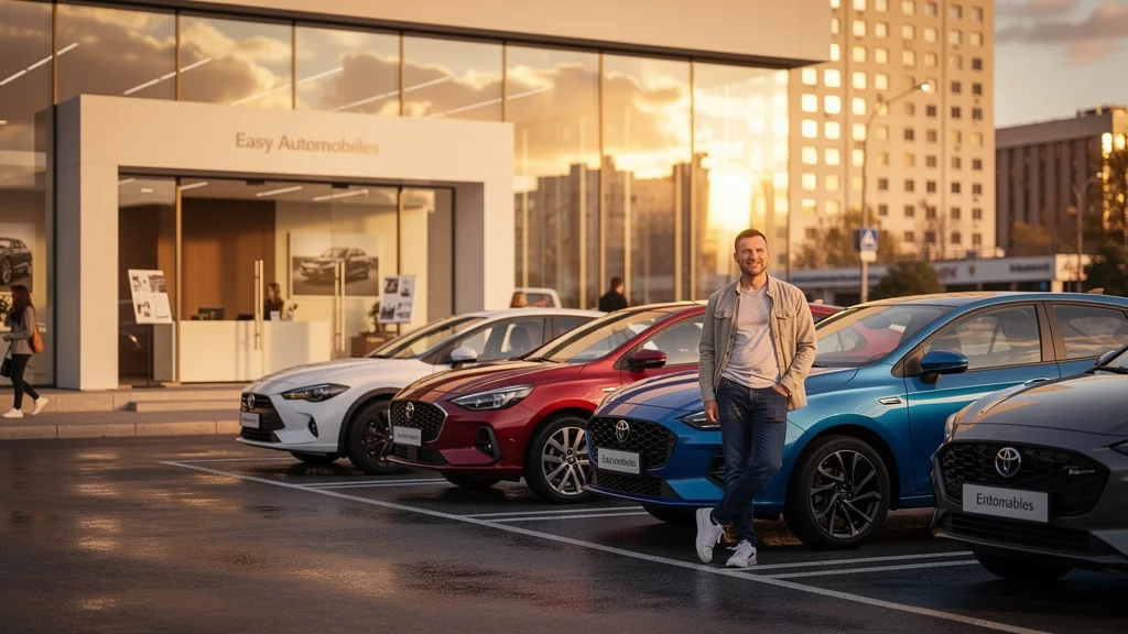 Homme de 36 ans devant concession Easy Automobiles moderne, ambiance lumineuse et véhicules colorés de qualité