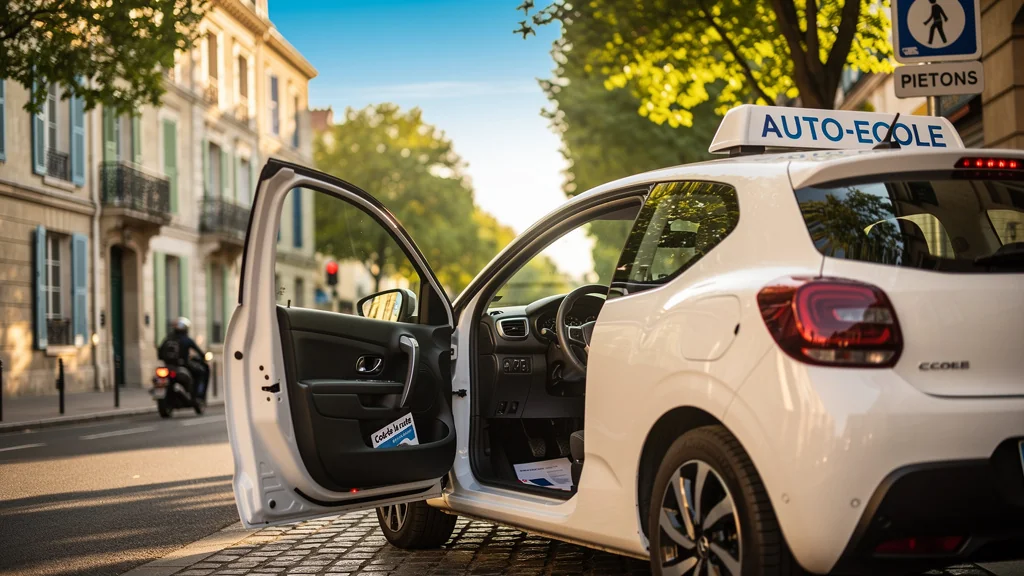 Voiture d’auto-école française stationnée dans rue paisible, ambiance formation permis de conduire France