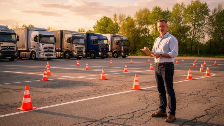 Homme confiant près d’un camion dans une école de conduite poids lourd bien organisée, ambiance rassurante.