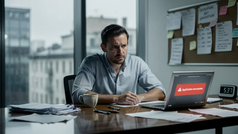 Homme de 36 ans stressé devant dossier de code incomplet, symbolisant six mois perdus inutilement