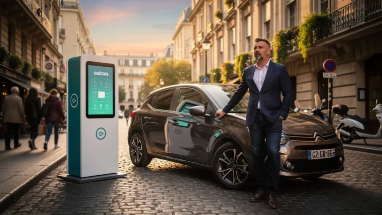 Photo réaliste du narrateur près d’une voiture Ouicars dans une rue urbaine européenne moderne