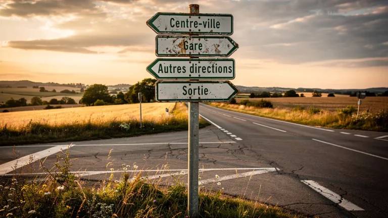 Panneaux de direction anciens en bord de route rurale au coucher du soleil, ambiance réaliste et détaillée