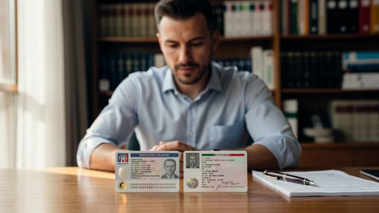 Photographie ultra-réaliste d'un permis de conduire et pièce d'identité sur un bureau professionnel