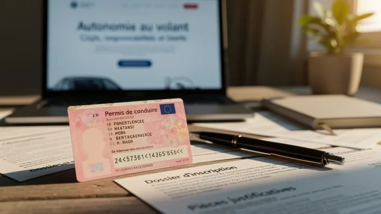 Permis de conduire rose sur bureau en bois avec ambiance lumineuse naturelle et documents administratifs