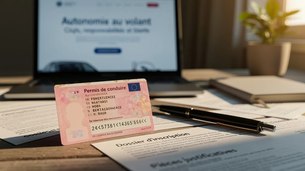 Permis de conduire rose sur bureau en bois avec ambiance lumineuse naturelle et documents administratifs