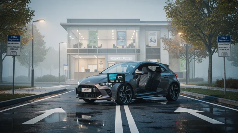 Voiture d'auto-école moderne prête pour le permis probatoire 2026 sur route urbaine réaliste