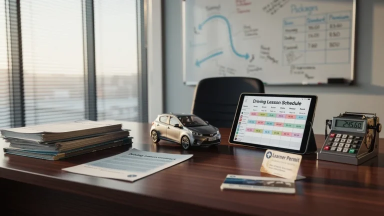 Bureau moderne d'auto-école illustrant le prix d'une conduite accompagnée avec documents et modèle de voiture