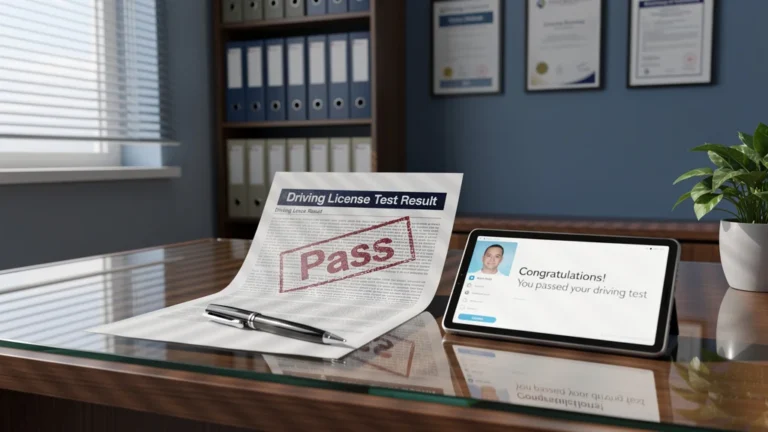 Photo ultra-réaliste d’un bureau avec résultat de permis de conduire affichant un résultat positif