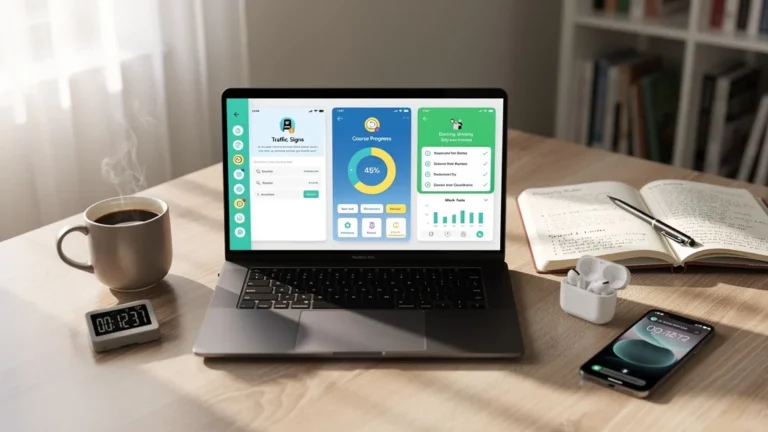 Espace de travail moderne avec ordinateur montrant trois applis de code de la route pour réviser un mois