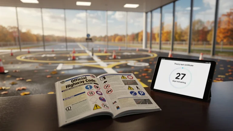 Photo réaliste d’un livret du code de la route ouvert dans un centre d’examen moderne en automne